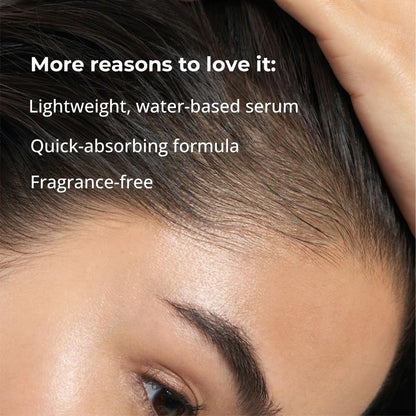 Close-up of a person's face with text highlighting features of a skincare serum.