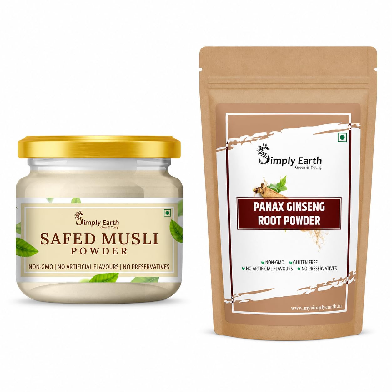 Simply Earth Strength Combo: 100g Organic Safed Musli Root Powder + 100g Panax Ginseng Powder - Pure Herbal Extract for Stamina, Muscle Recovery and Cognitive Health