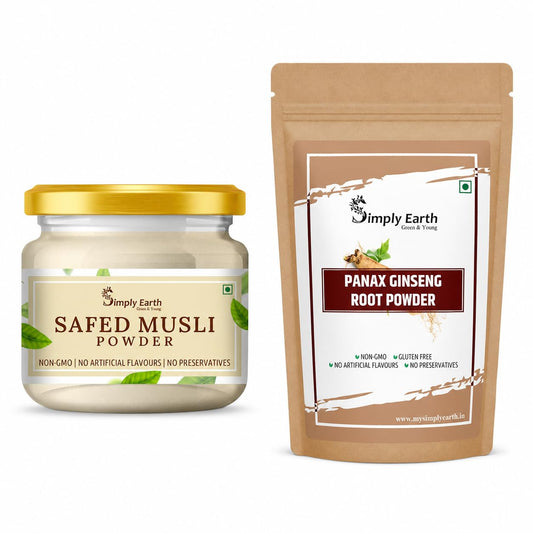 Simply Earth Strength Combo: 100g Organic Safed Musli Root Powder + 100g Panax Ginseng Powder - Pure Herbal Extract for Stamina, Muscle Recovery and Cognitive Health