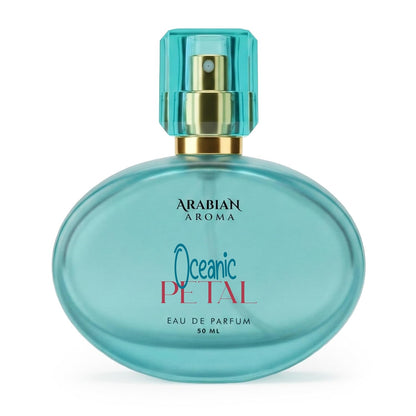 Turquoise perfume bottle labeled 'Arabian Aroma Oceanic Petal' on a white background