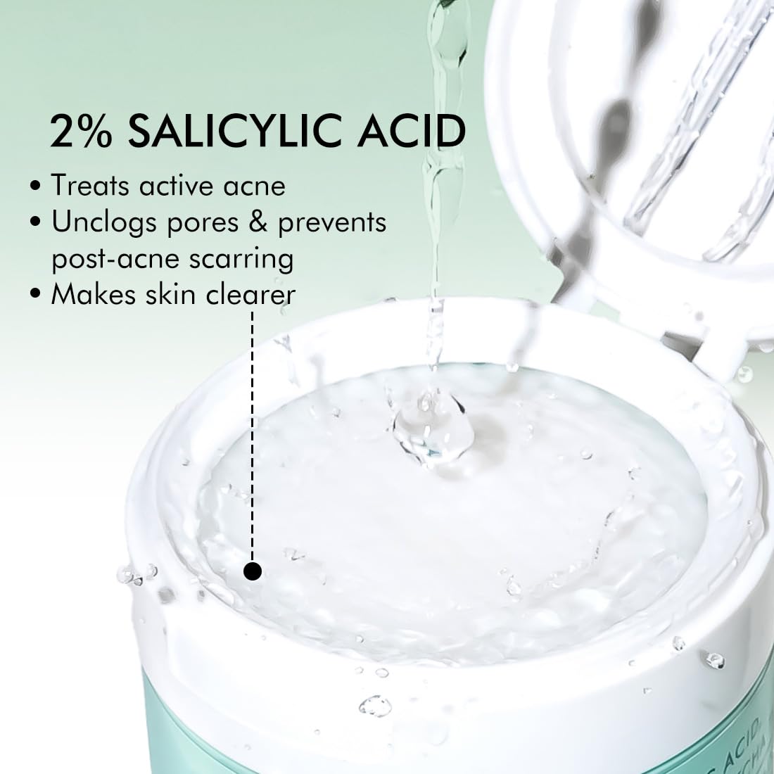 Cosmetic jar with 2% salicylic acid content, showing benefits on a light green background.