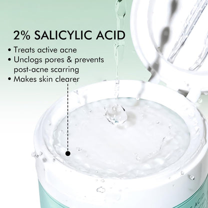 Cosmetic jar with 2% salicylic acid content, showing benefits on a light green background.