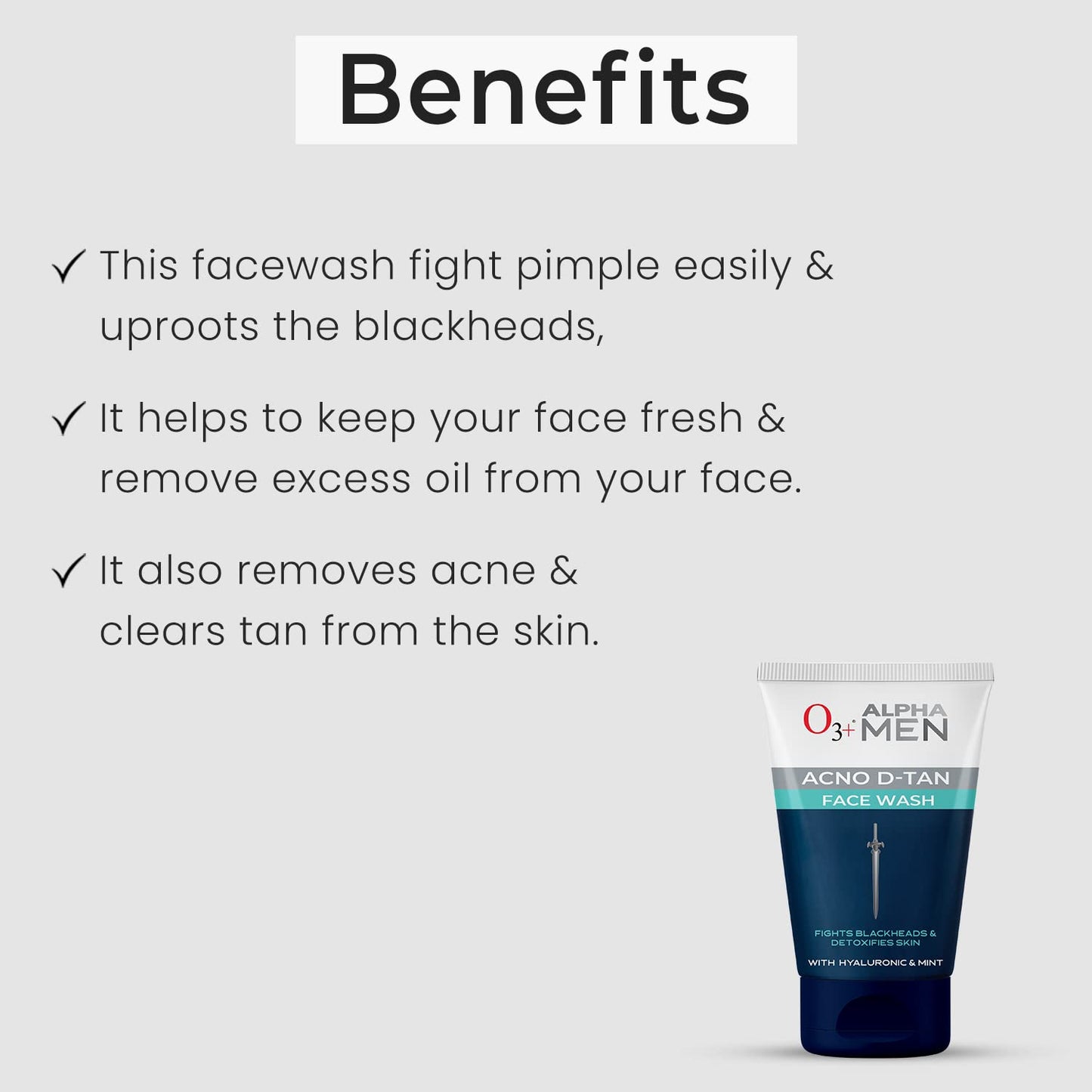 O3+ ALPHA MEN Acno D-TAN Face Wash with Hyaluronic & Mint | Fights Blackheads & Detoxifies Skin, 50ml