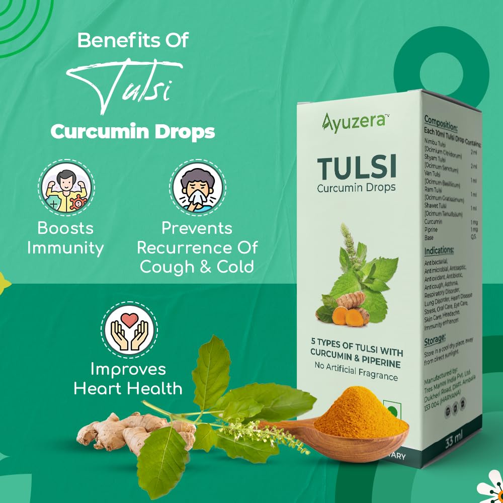 Wellwith by Ayuzera Tulsi Curcumin Drops, 5 Types of Tulsi, Curcumin & Piperine, No Artificial Fragnance (30ml, Pack of 1)
