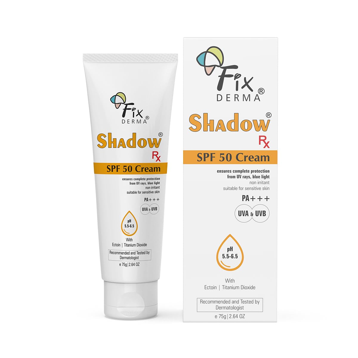 Fixderma Shadow Sunscreen SPF 50 Cream For Sensitive Skin, Protects the Skin from UV Rays, Blue Light, Pollution, Premature Aging & Sunburn, Long-Lasting, Non Greasy, Sunscreen for Women & Men - 75gm