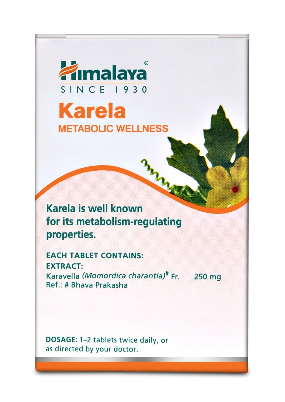 Himalaya Karela Metabolic Wellness supplement packaging with text and leaf illustration.