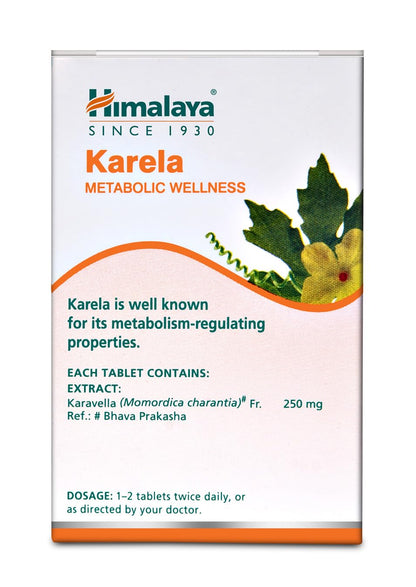 Himalaya Karela Metabolic Wellness supplement packaging with text and leaf illustration.