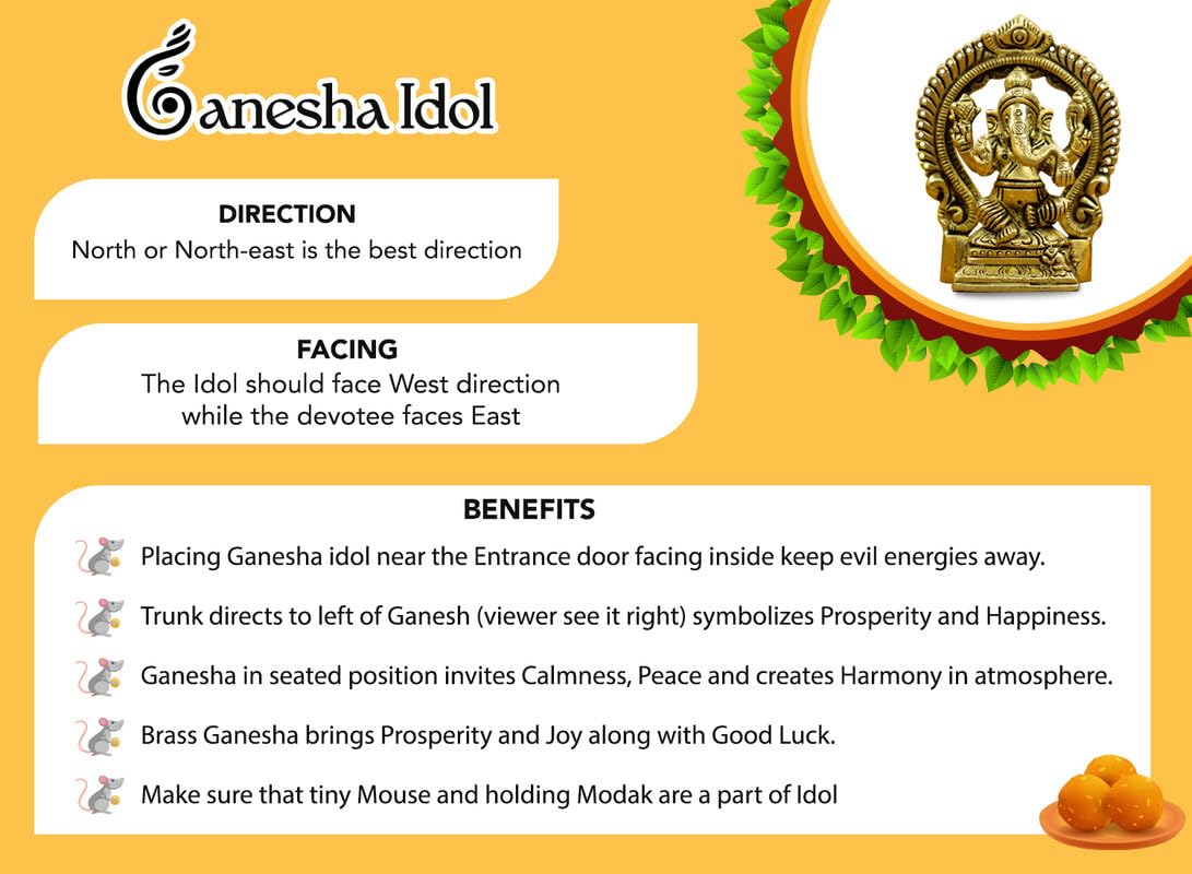 100% Pure Brass Ganesha Idol (Size: 8.7 cm) | Pital Ganesh Murti for Pooja Room, Home Decor, Office Desk and Car Dashboard | Vinayagar Statue for Diwali Puja