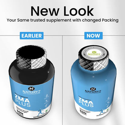 Comparison of Naturyz ZMA Plus supplement packaging between 'Earlier' and 'Now' on a white background.