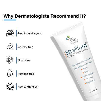 Strallium stretch mark cream packaging with dermatologist recommendations on a white background