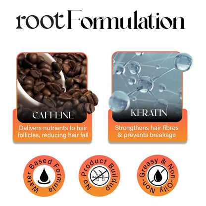 Root Formulation advertisement with caffeine and keratin ingredients on a white background
