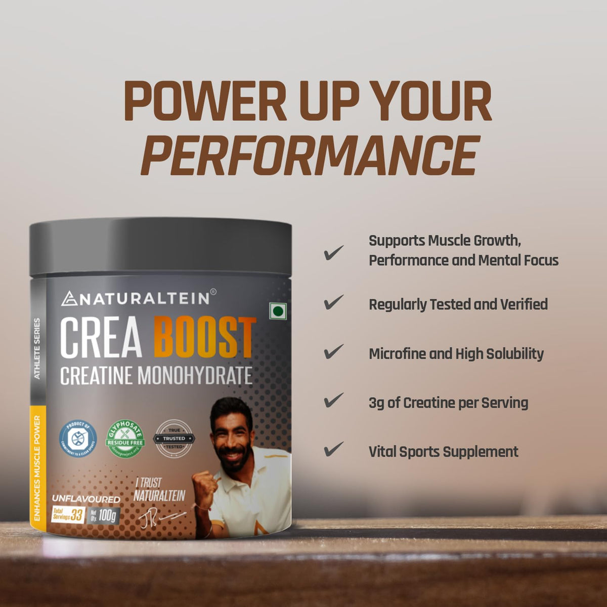 Naturaltein Crea Boost supplement container with promotional text on a neutral background