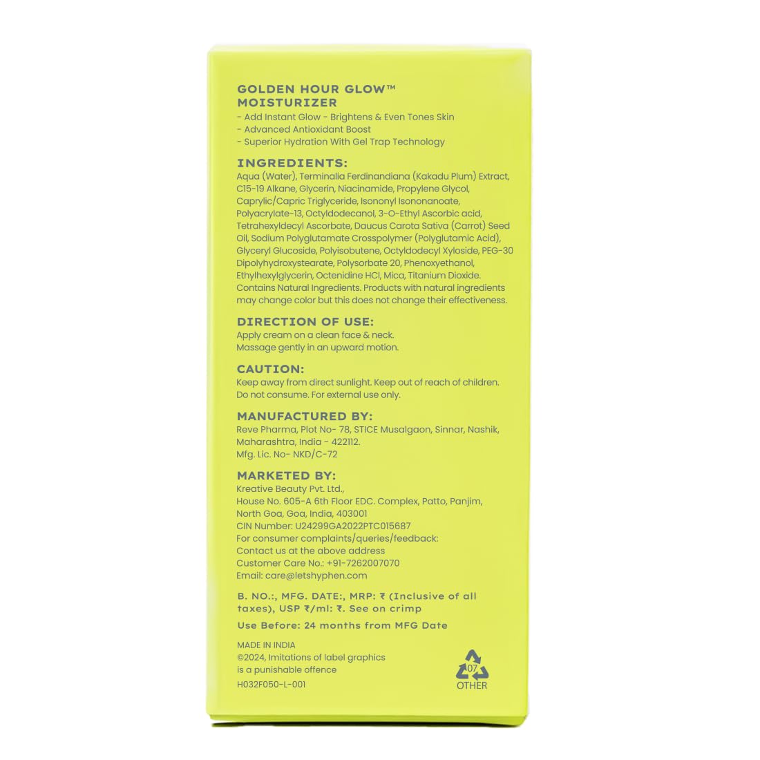 Back of a skincare product packaging with text on a white background