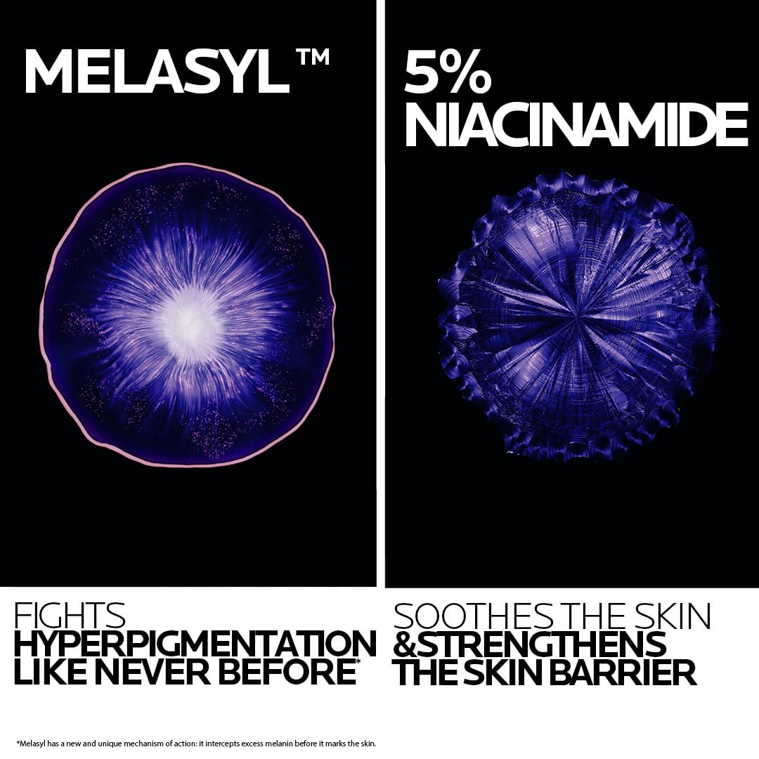 Advertisement for Melasyl with purple spherical structures and text about niacinamide benefits.