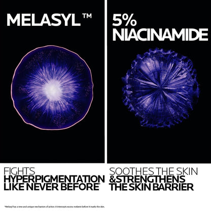 Advertisement for Melasyl with purple spherical structures and text about niacinamide benefits.