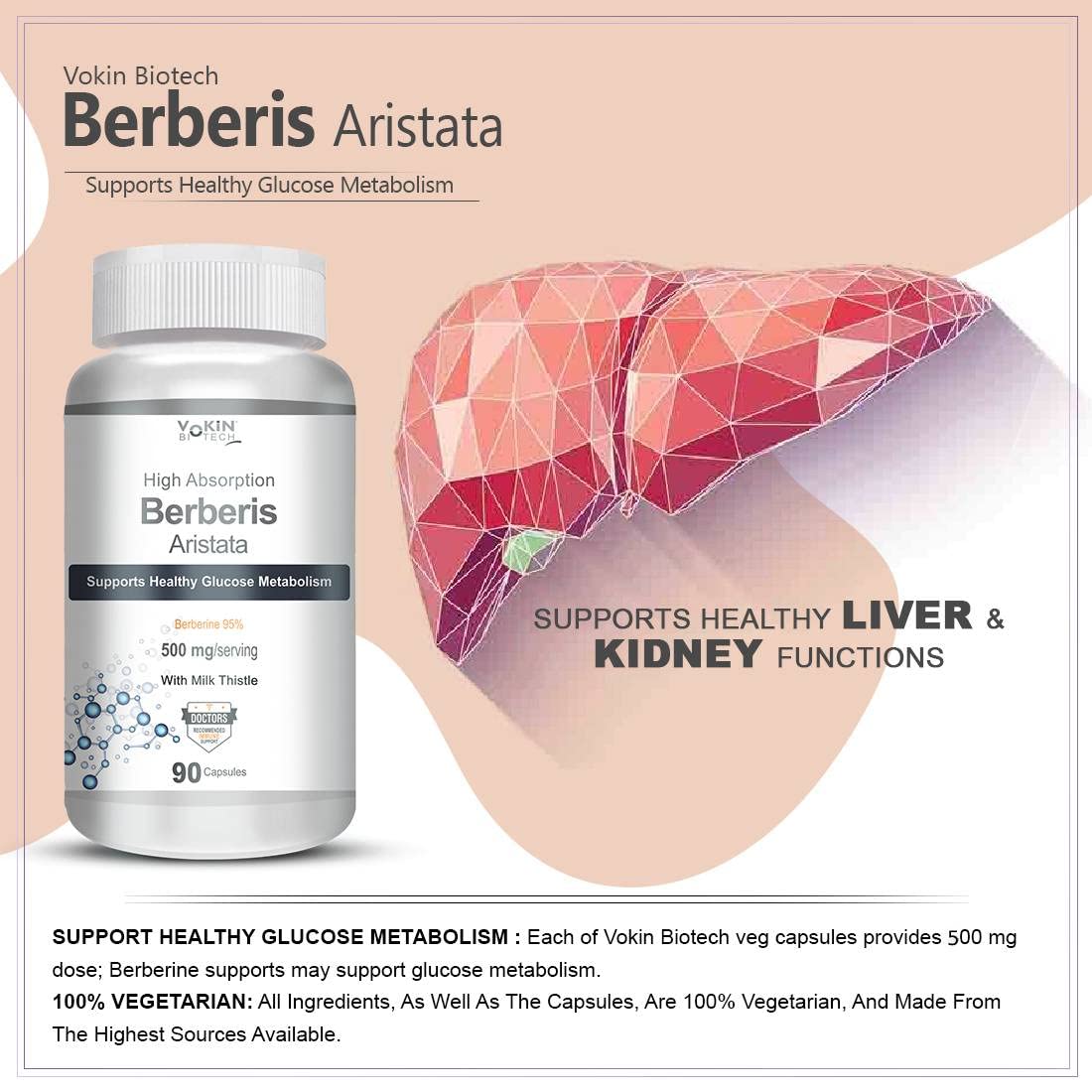 Vokin Biotech Berberis Aristata supplement bottle with liver illustration on a beige background