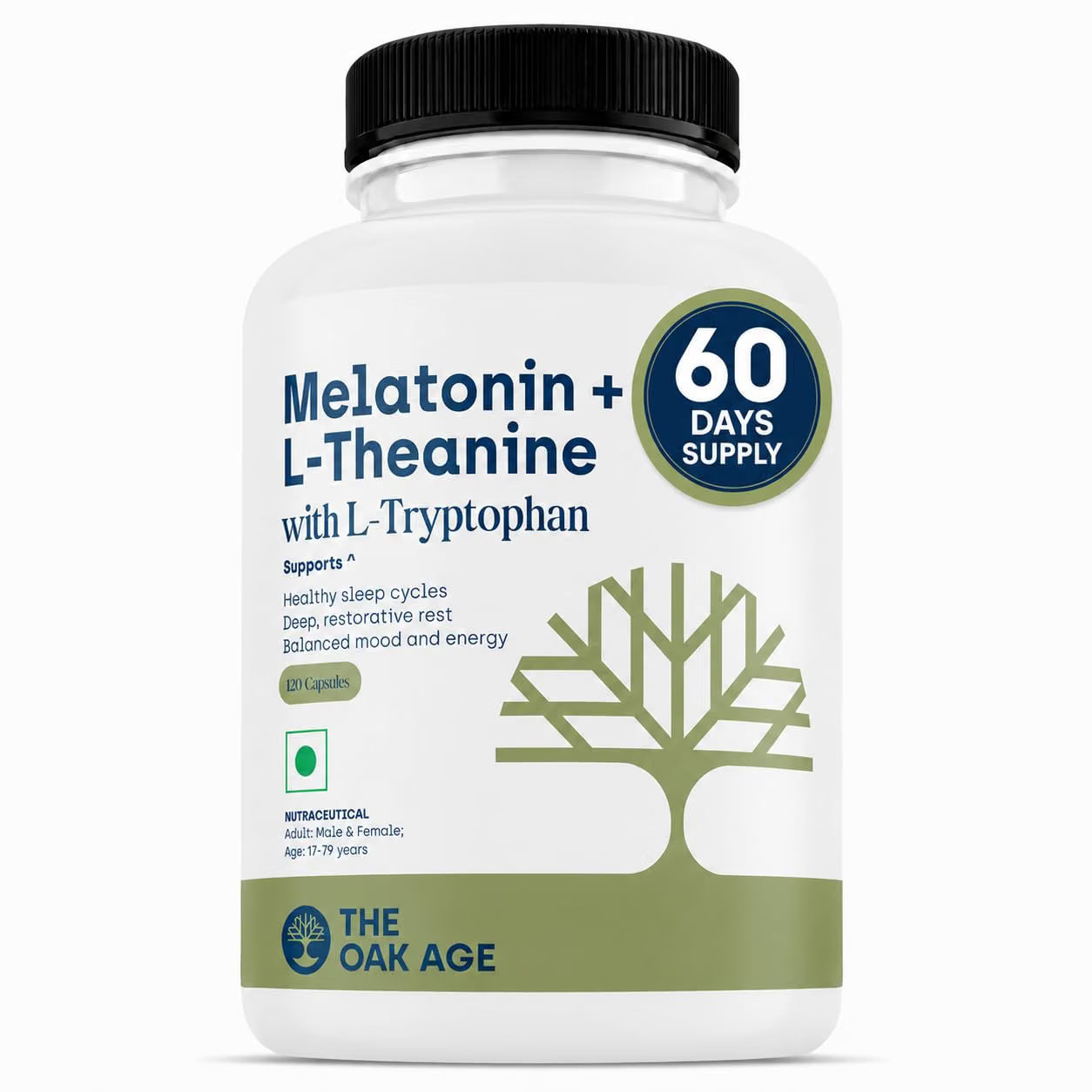 The Oak Age Sleep Supplement with Melatonin, L Tryptophan & L Theanine for 360° Support for Sleep Onset, Continuity, Recovery | Includes Vit B6, Helps Fall Asleep, Stay Asleep, Wake Rested-60 servings
