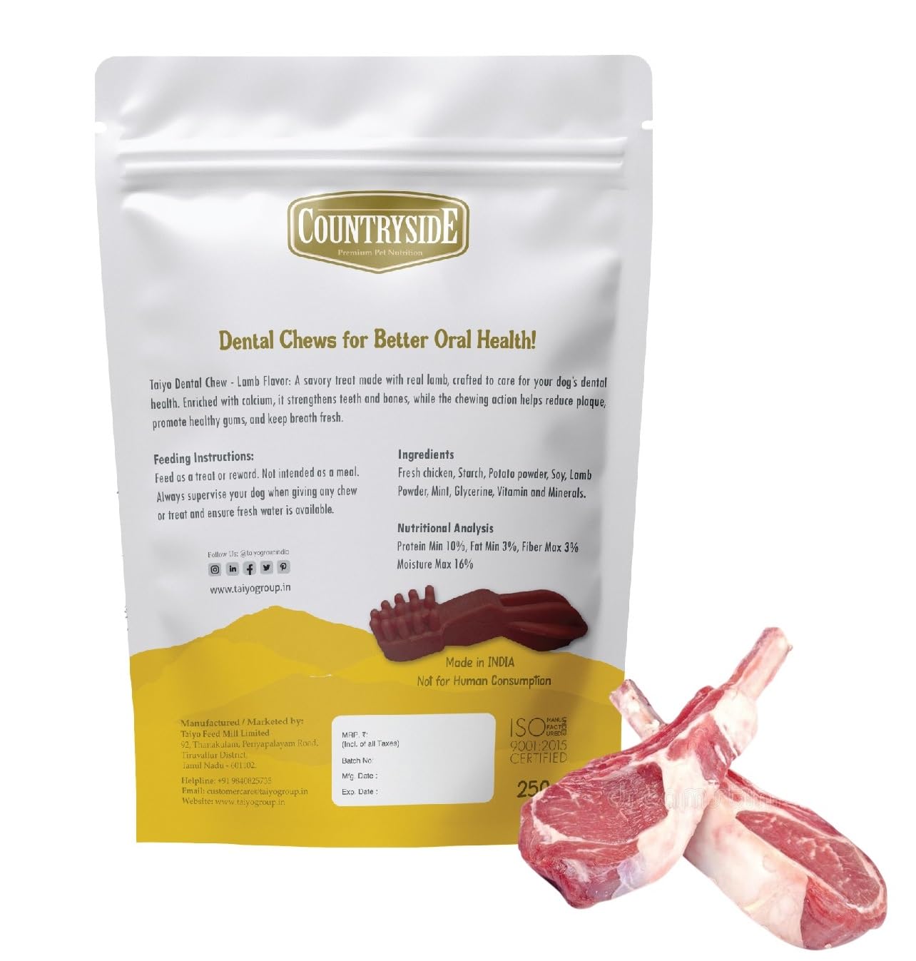 COUNTRYSIDE Dog Dental Chews Treats 250g – Lamb Flavor | Brush-Shaped Chews for Dogs, Oral & Gum Care for Dogs | Fights Plaque & Tartar | Freshens Breath | Calcium Enriched & Gluten Free