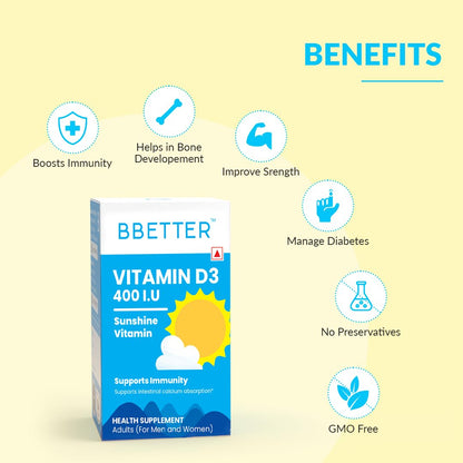 BBETTER Vitamin D3 Supplement for Immunity, Healthy Bones & Strong Muscles - 60 softgels of Vitamin D (Cholecalciferol) with the recommended daily dosage of 400IU