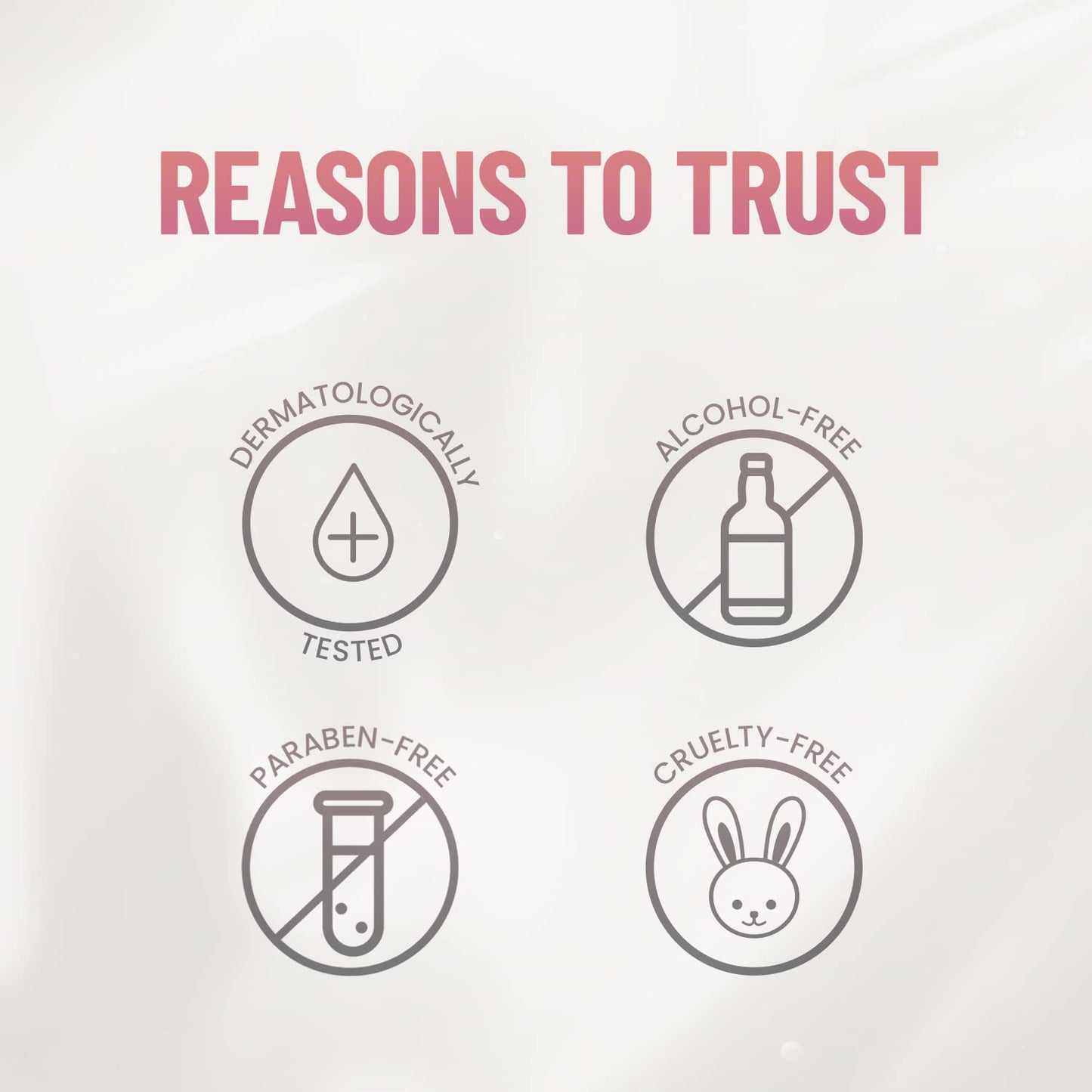 List of reasons to trust a product on a light gray background with icons and text.