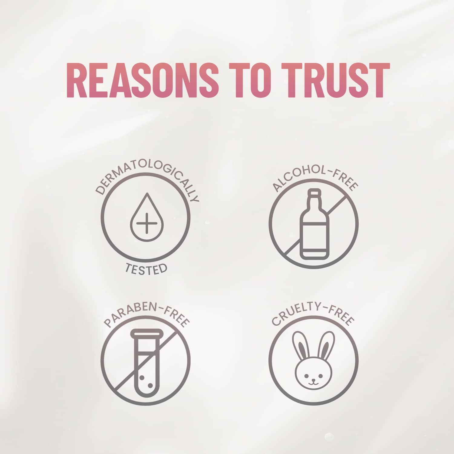 List of reasons to trust a product on a light gray background with icons and text.