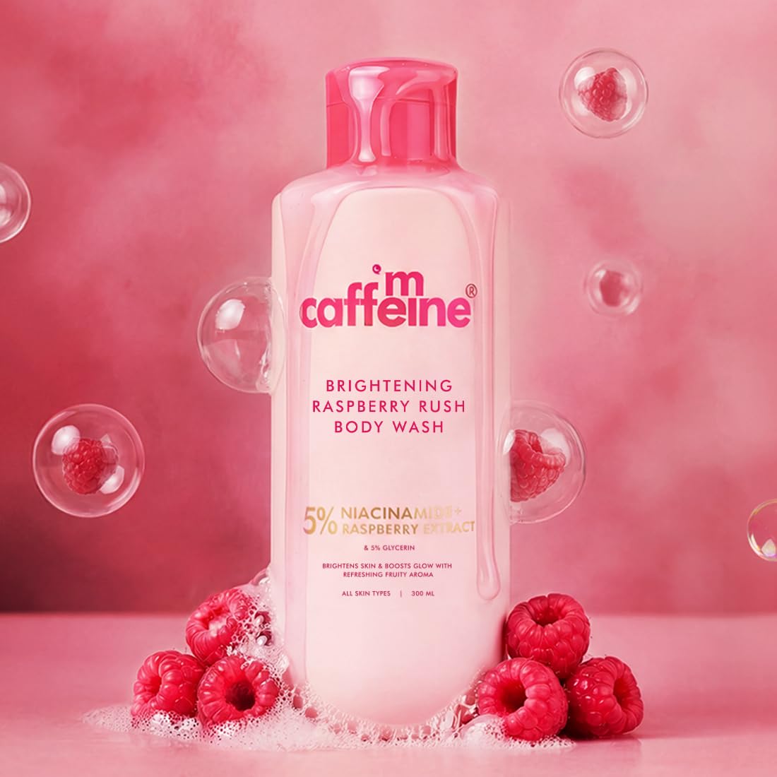 mCaffeine Brightening Body Wash - 5% Niacinamide & Raspberry | Summer Body Wash for Dry Skin | Vitamin C & Glycerin Hydration | Boosts Glow, Deep Cleanses & Softens Skin | Fruity Shower Gel - 300ml
