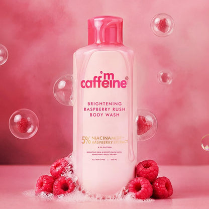 mCaffeine Brightening Body Wash - 5% Niacinamide & Raspberry | Summer Body Wash for Dry Skin | Vitamin C & Glycerin Hydration | Boosts Glow, Deep Cleanses & Softens Skin | Fruity Shower Gel - 300ml