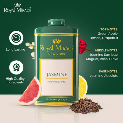 Royal Mirage Jasmine Deodorizing Talc for Women | Floral & Fresh Scent | Green Apple, Jasmine & Citrus Notes | Soft & Smooth Skin | Long-Lasting Fragrance | Talcum Powder for Women | 250gm