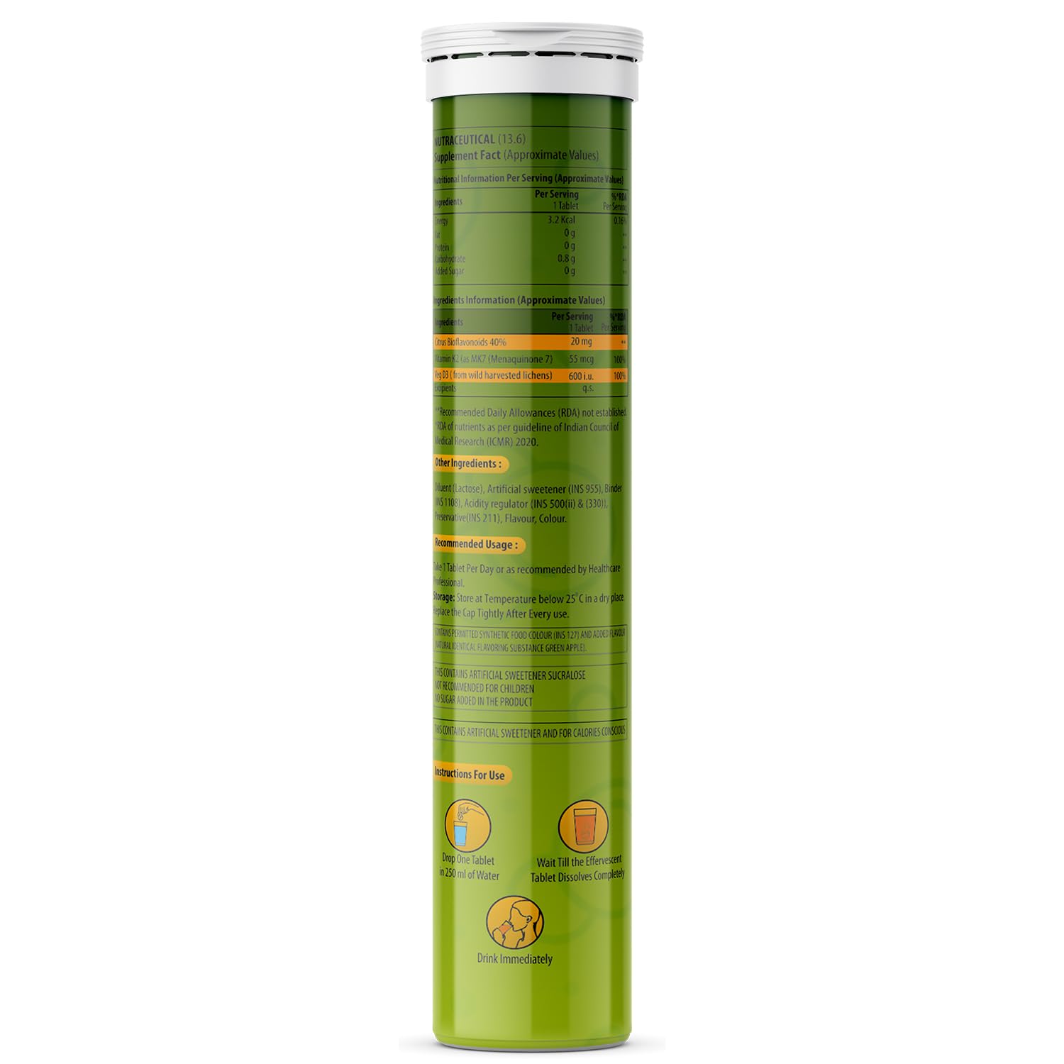 Green supplement tube with white cap on a white background