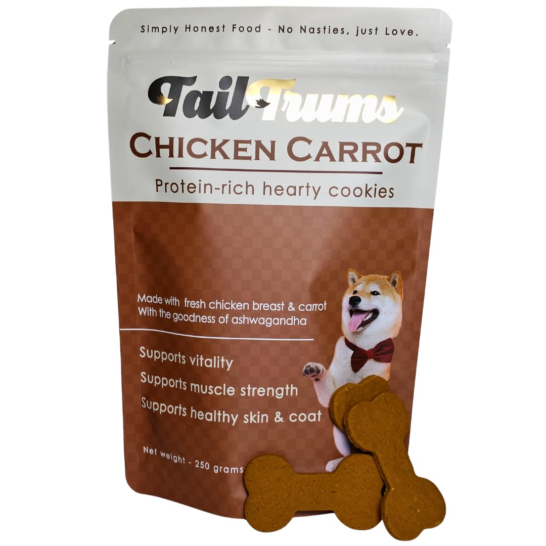 TailTrums Dog Biscuits – Chicken & Carrot Cookies with Ashwagandha 250g | Healthy Dog Food | Freshly Baked Dog Treats, All Natural & Preservative Free | Human-Grade Ingredients| All Breeds |
