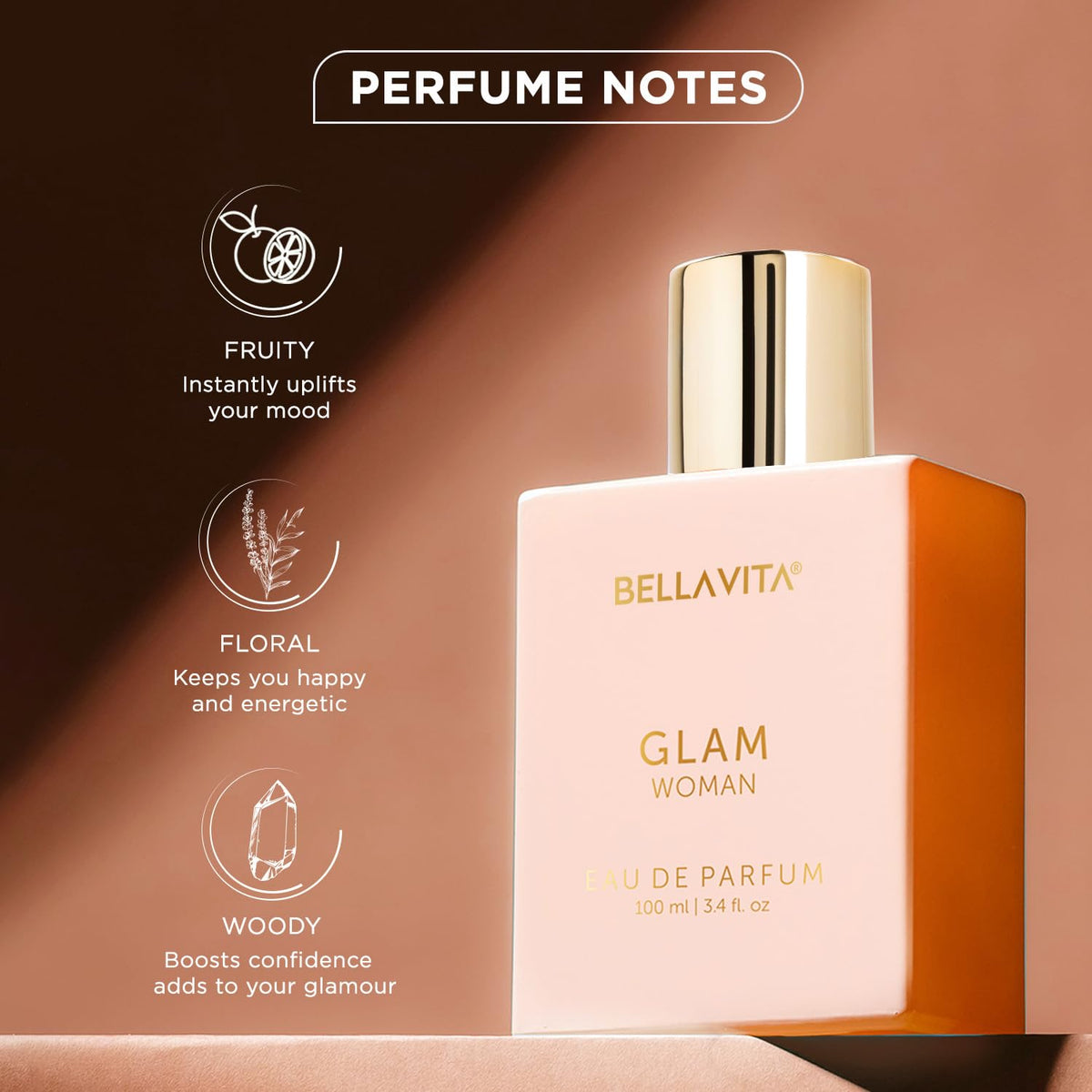 BellaVita Glam Woman perfume bottle with notes on a brown background