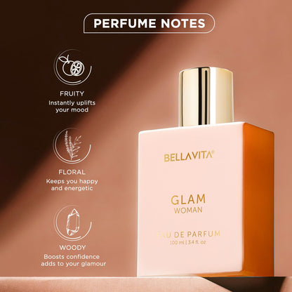 BellaVita Glam Woman perfume bottle with notes on a brown background