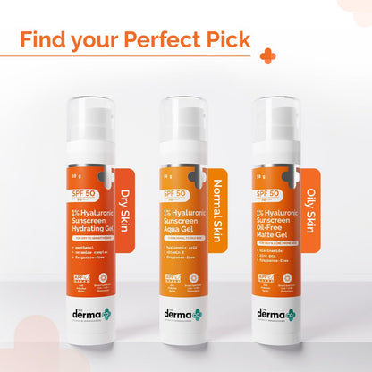 The Derma Co 1% Hyaluronic Sunscreen Oil-Free Matte Gel SPF 50 PA++++ | For Oily, Acne-Prone Skin | Lightweight Texture | No White Cast | Broad Spectrum Protection & Blue Light Protection | Non- Comedogenic 50g
