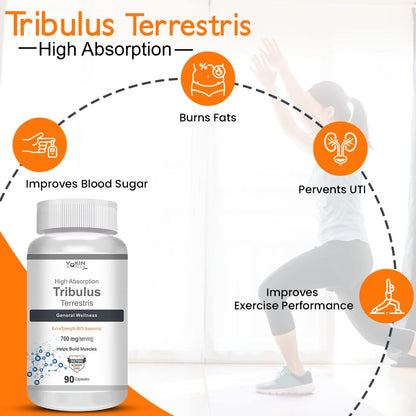 Tribulus Terrestris supplement bottle with icons and text highlighting benefits on a white background
