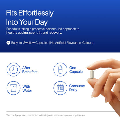 Product advertisement for easy-to-swallow capsules with text and a hand holding a capsule.