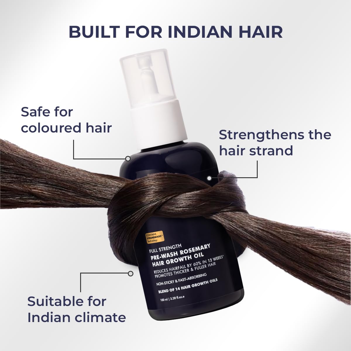 Hair oil bottle with text highlighting features for Indian hair on a white background