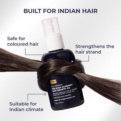 Hair oil bottle with text highlighting features for Indian hair on a white background
