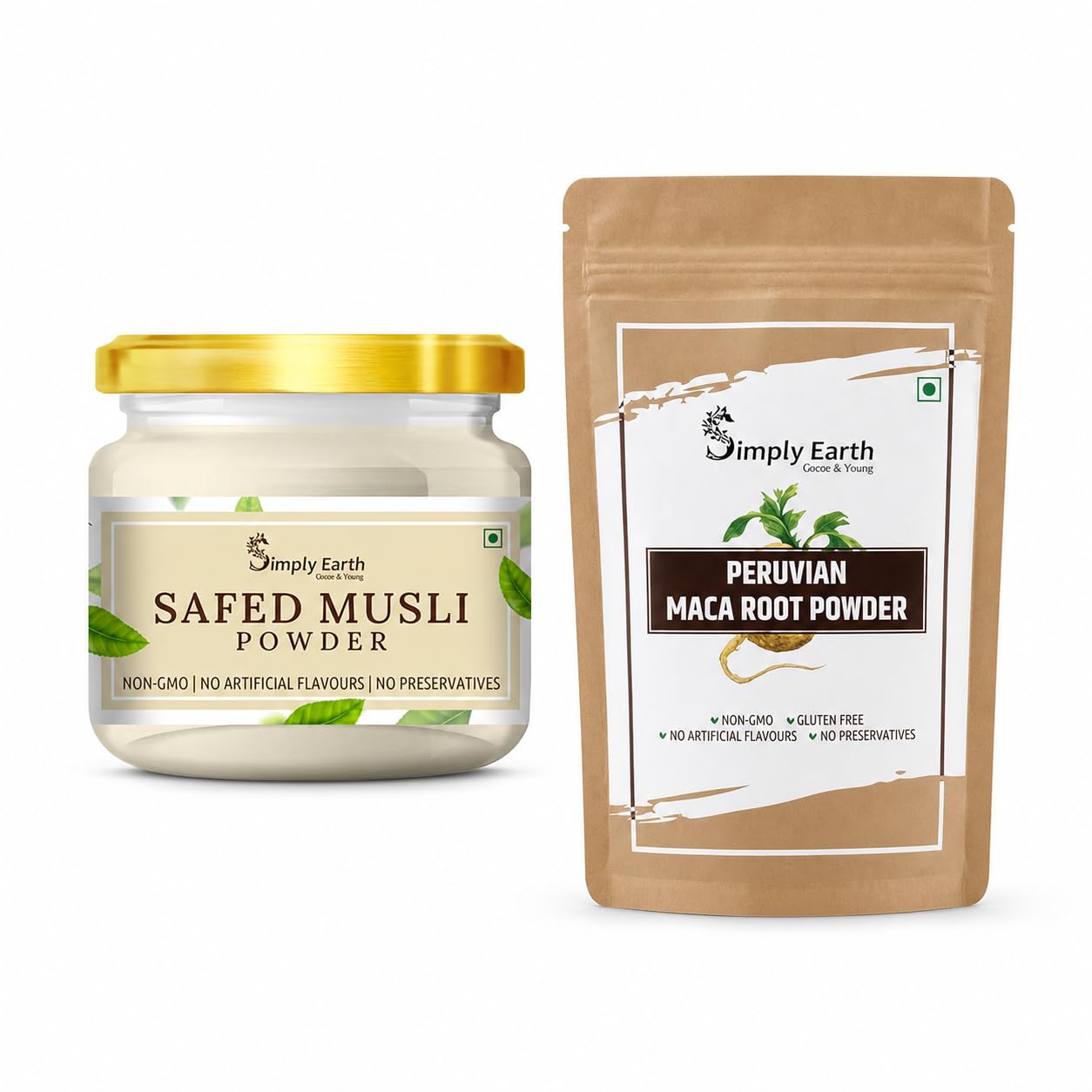 Simply Earth Strength Combo: 100g Safed Musli Root Powder + 100g Peruvian Maca Root Powder - Pure Organic Superfood for Immunity, Vitality and Energy