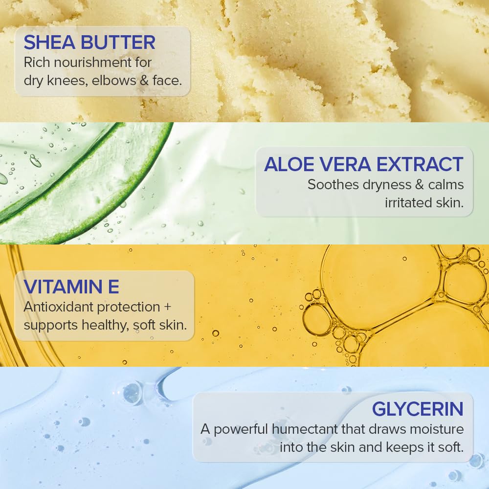 Product ingredients with shea butter, aloe vera extract, vitamin E, and glycerin on a colorful background.