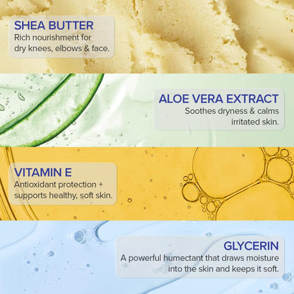 Product ingredients with shea butter, aloe vera extract, vitamin E, and glycerin on a colorful background.
