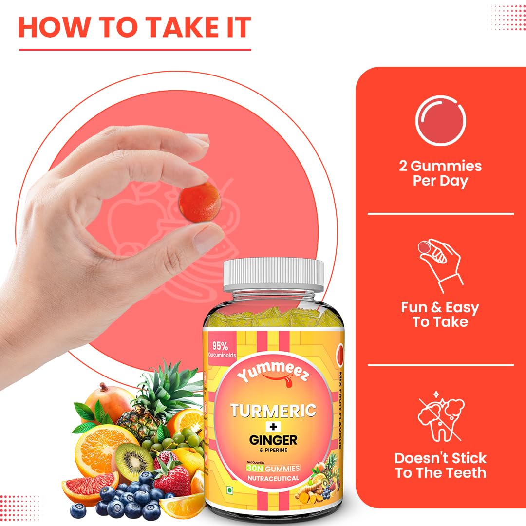 Yummeez Turmeric + Ginger supplement bottle with a hand holding a gummy, surrounded by fruits on a white background.
