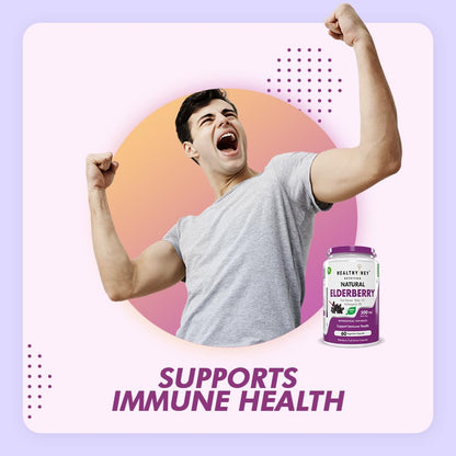 Person with arms raised next to a bottle of Healthy Rest Elderberry supplement on a colorful background