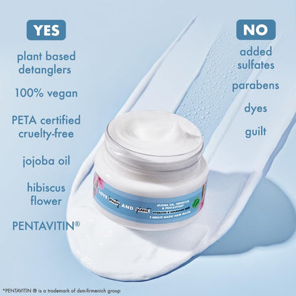Jar of Pentavitin hair product with text highlighting benefits and ingredients on a light blue background