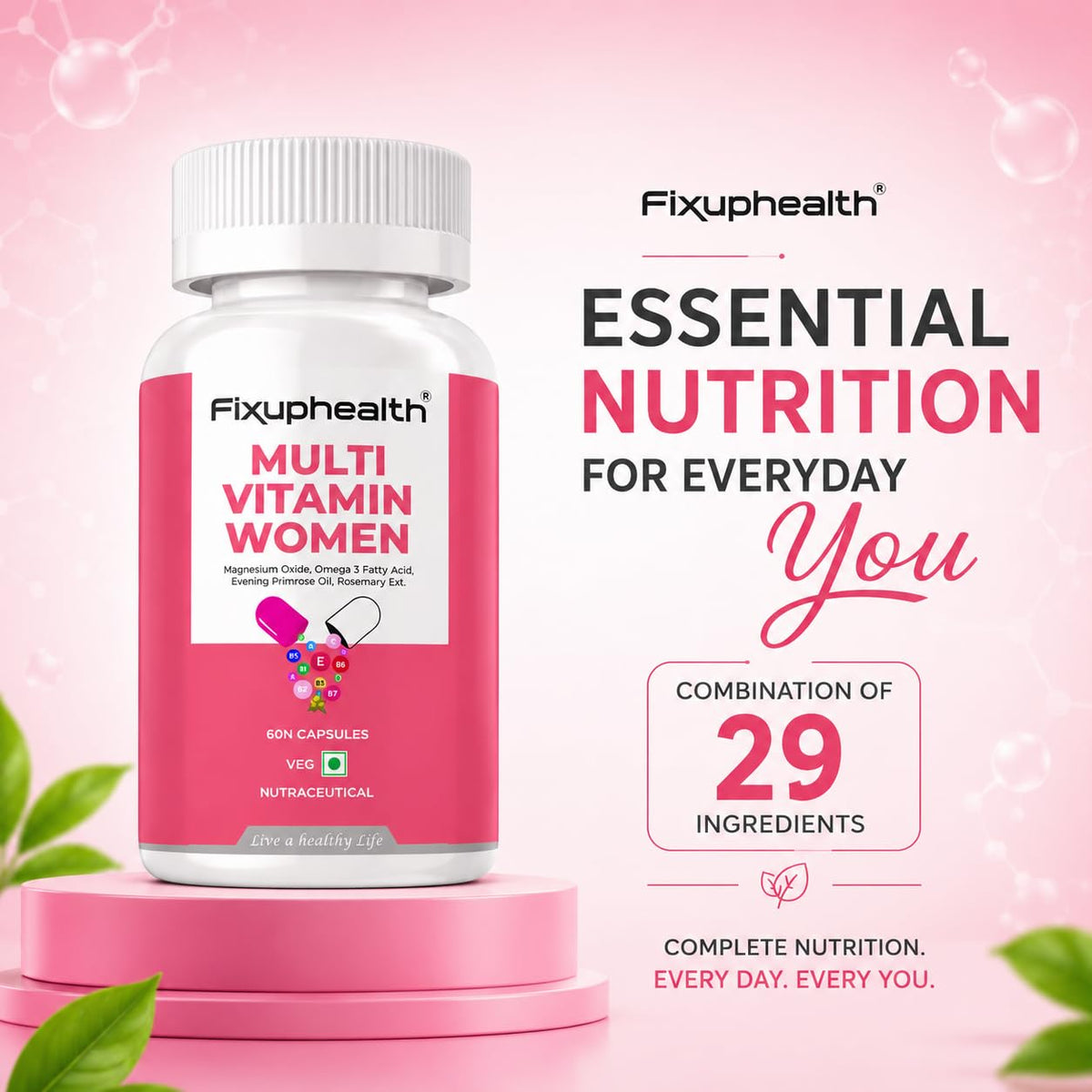 Fixuphealth Multivitamin Capsules for Women | Multivitamin with Probiotics, Omega 3, Evening Primrose Oil, Vitamins C, B12, Magnesium & Zinc | Immunity, Energy & Daily Wellness Support | 60 Capsules