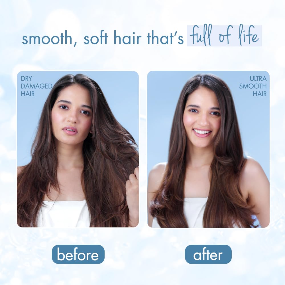 Before and after comparison of hair treatment showing a woman with dry, damaged hair on the left and ultra-smooth hair on the right.