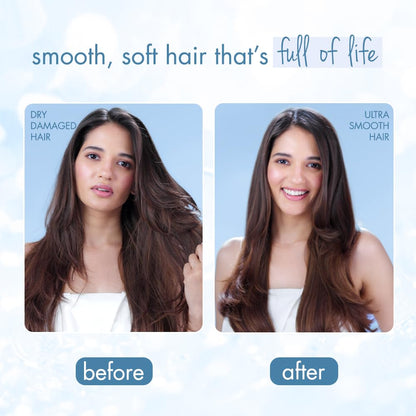 Before and after comparison of hair treatment showing a woman with dry, damaged hair on the left and ultra-smooth hair on the right.