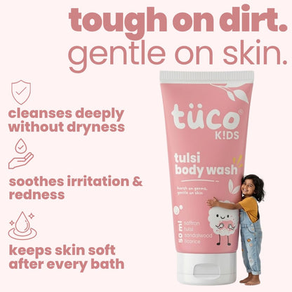 Pink tube of tüco Kids tulsi body wash with child holding it, text about product benefits on a white background.