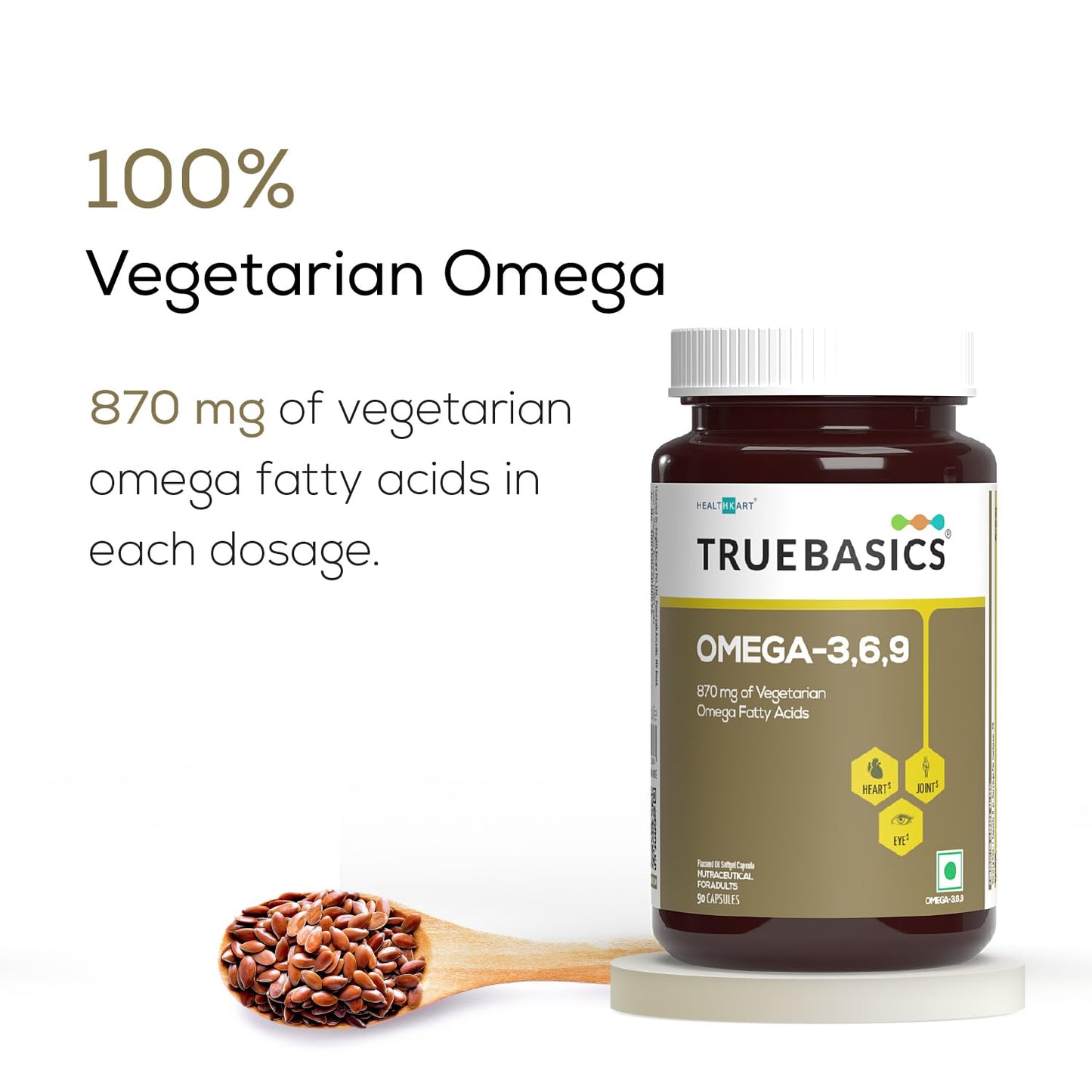TrueBasics Omega-3,6,9 supplement bottle with a spoonful of flaxseeds on a white background