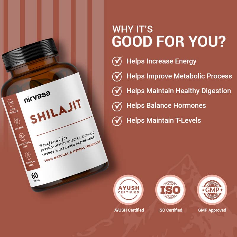 Nirvasa Shilajit Tablets (500mg, 60 Tab) | Pure Himalayan Shilajeet Extract | Supports Muscle Strength, Stamina, Endurance & Energy | Improves Performance, Vitality & Immunity | Men & Women