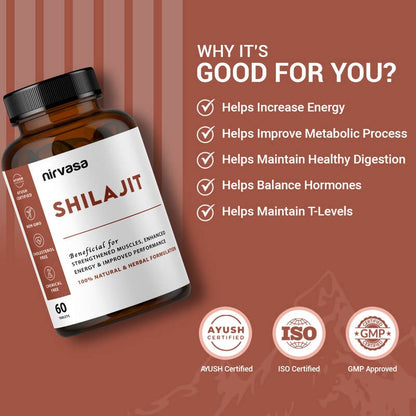 Nirvasa Shilajit Tablets (500mg, 60 Tab) | Pure Himalayan Shilajeet Extract | Supports Muscle Strength, Stamina, Endurance & Energy | Improves Performance, Vitality & Immunity | Men & Women
